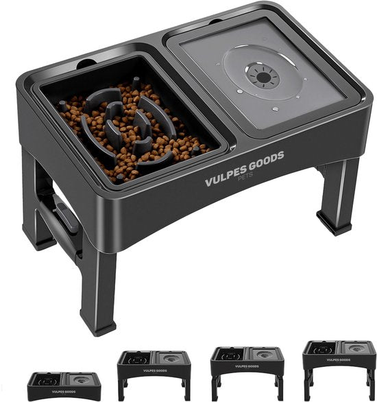 Vulpes Goods® Pets - Voerbak Hond met Standaard - Drinkbak Hond Anti Knoei - Anti Schrokbak Hond - Verhoogde Voerbak - 4 Hoogtes - Slow Feeder - Dubbel - Zwart