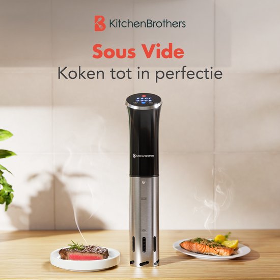 KitchenBrothers Sous Vide Stick - tot 95°C - Ingebouwde Timer - Precisie koker - 1200W - Zwart/RVS