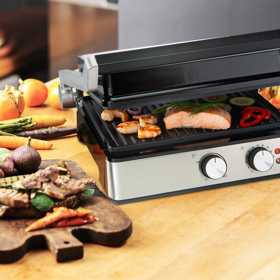 Bourgini Contact Grill PURE – PFAS-vrije 2-in-1 Sandwich- & Panini-Grill – Instelbare Temperatuur & Timer – Verwijderbare Grillplaten – Zilver