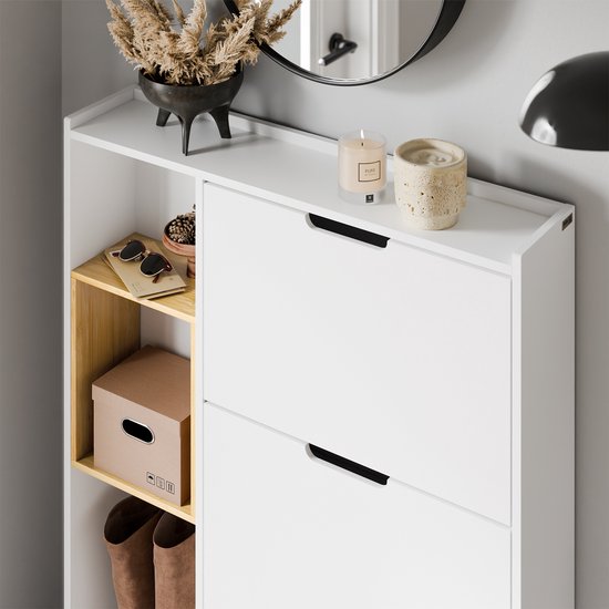 SoBuy FSR209-WN Schoenenkast, wit, compact, opslag voor 9 paar schoenen, ideaal voor kleine ruimtes en woningen, MDF + bamboe, 90 x 19 x 129,5 cm FSR209-WN