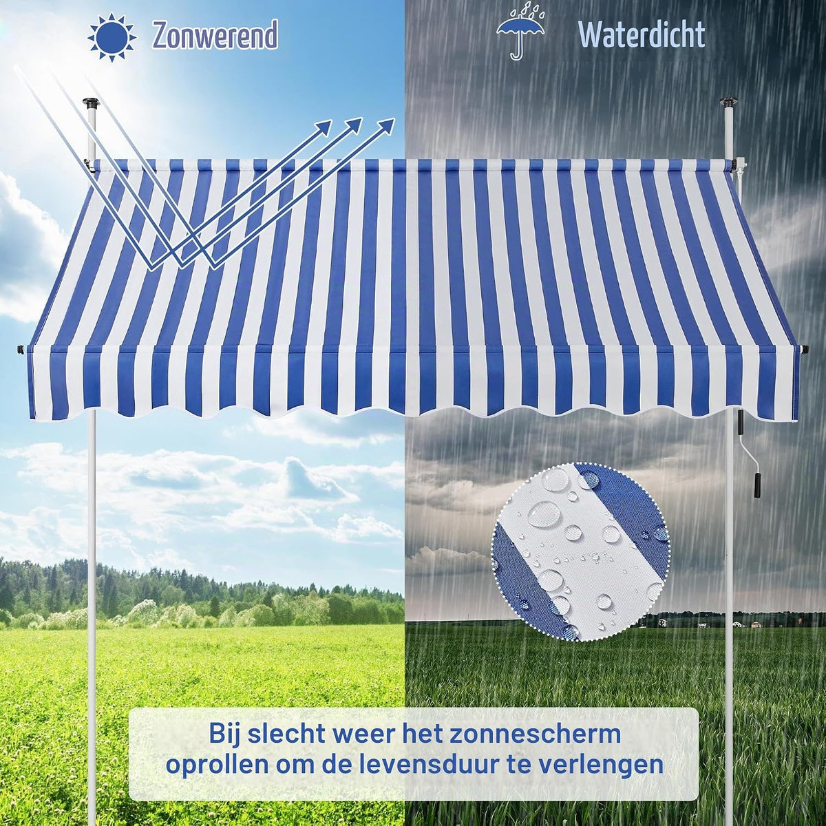 Yaheetech Balkonmarkise - Klemmmarkise met Handkurbel 250 cm - Höhenverstellbar - Blauw-Wit
