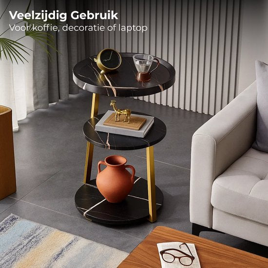 Lomera Moderne Bijzettafel - Zwart Goud - Goudkleurig Metalen Frame - Zwart Gemarmerd - Mdf Materiaal - Ronde Bijzettafel - Woonkamer Tafel - Luxe Design - Marmer Look - Veelzijdigheid & Flexibiliteit - Ruimtebesparend - Stelpootjes