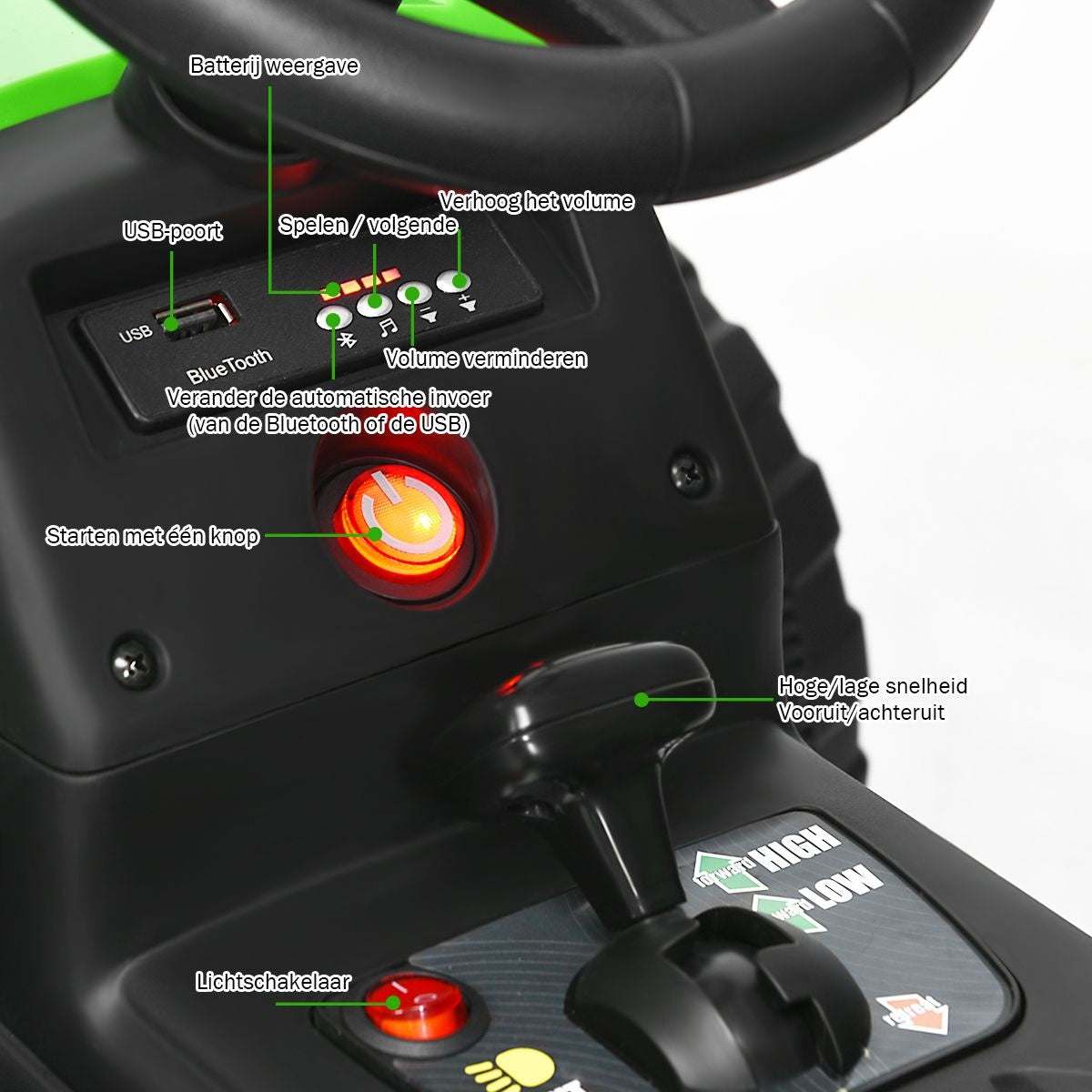 Coast Kindertractor met Aanhanger - 3 Versnellingen 12V - Groen