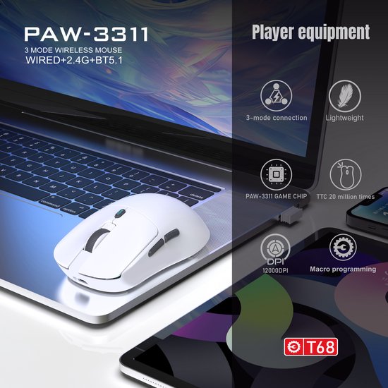Fuegobird T68 - 2.4G Draadloze Gaming Muis - 12000DPI - PAW3311 - FPS/MOBA/MMO - Gaming muizen - Ultra licht - Wit