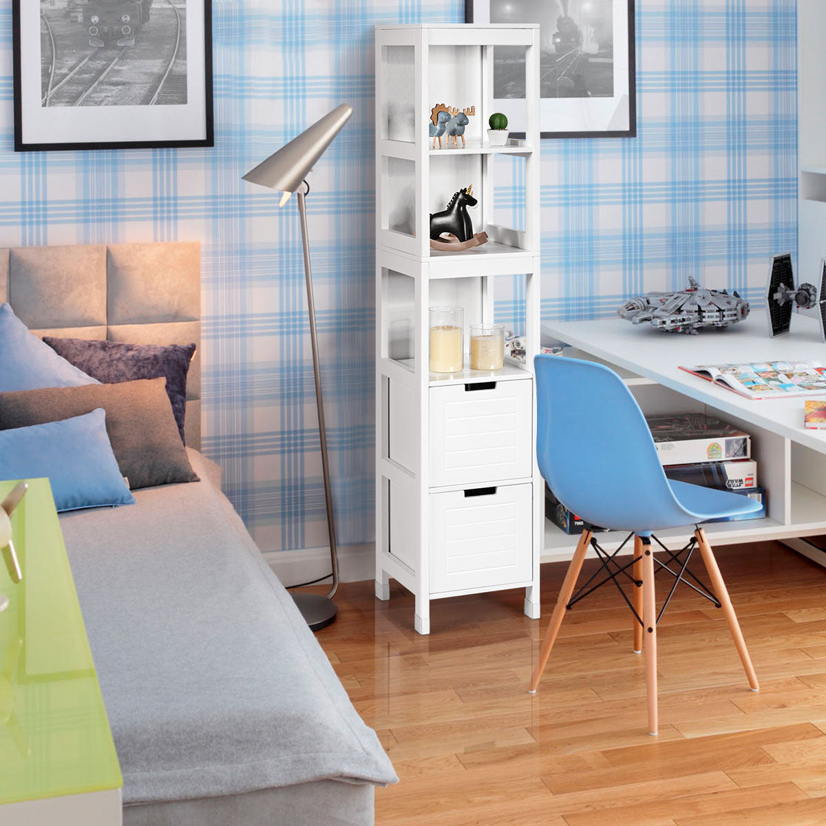 Coast badkamer hoge kast badkamer kast badkamer kast met 2 laden houten wit 30 x 30 x 144,5 cm