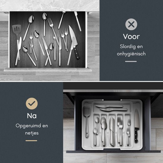 Deleca Uitschuifbaar Bestekbak met 8 Vakken - Besteklade Organizer - Keukenlade Bestek Organiser - Bestekhouder Keuken - 57 x 38 cm - Kunststof / Wit Grijs