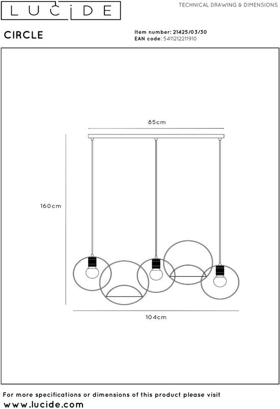Lucide CIRCLE - Hanglamp - 3xE27 - Zwart