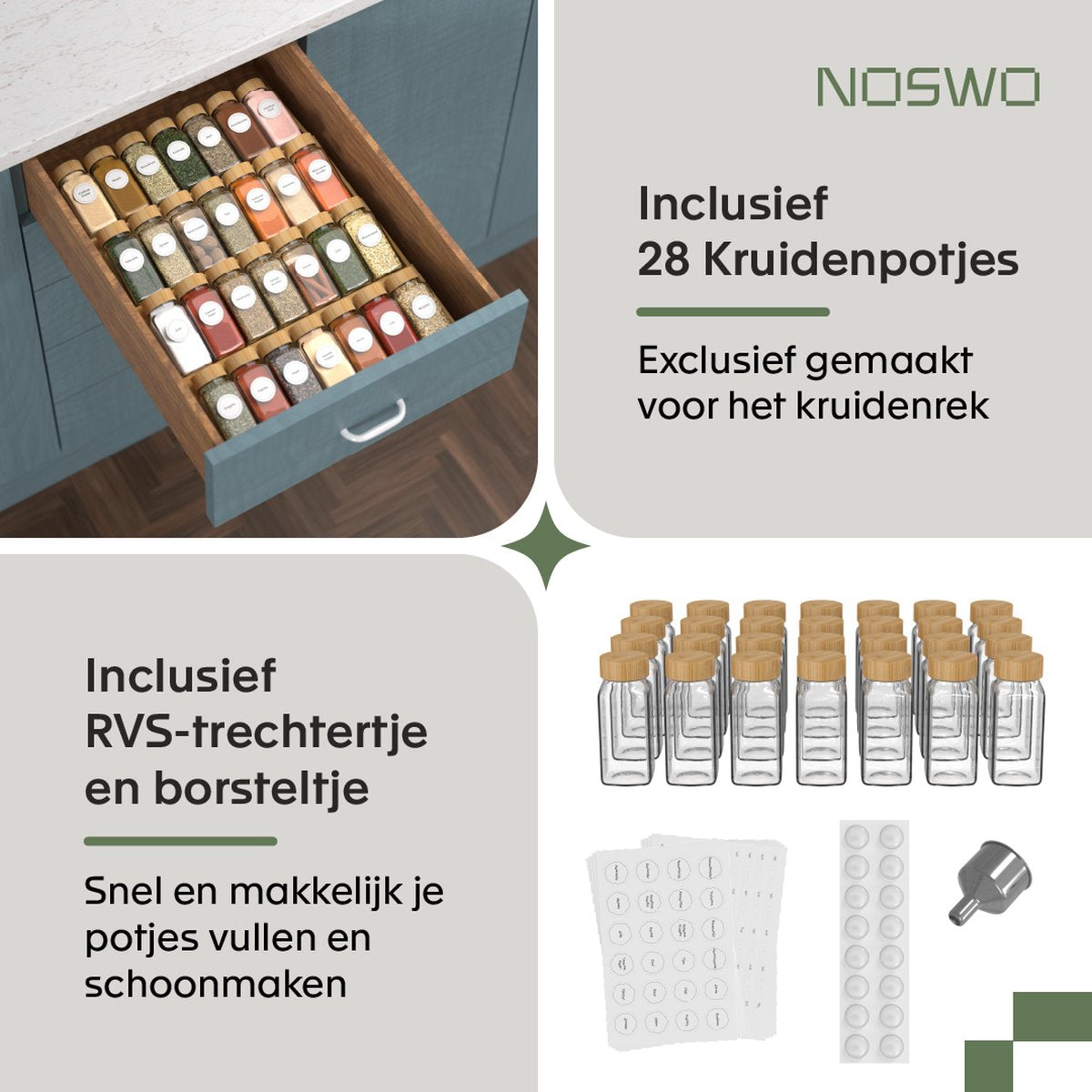 Noswo Kruidenrek Lade - Met 28 Potjes - Complete Set - Vierkant - Strooideksel en Labels - Kruiden Organizer - Keukenlade Organiser - Bamboe