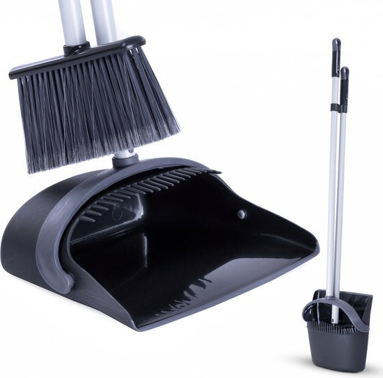 CLEANLY Stoffer en Blik met lange Steel 134 cm - Bezem voor Binnen en Buiten - Innovatieve Borstelvezels - Zwart, Grijs