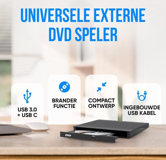 Strex Externe DVD Speler en Brander - CD/DVD - Plug & Play - USB 3.0 DVD Speler - Geschikt voor Windows, Mac en Linux - Optical Drive