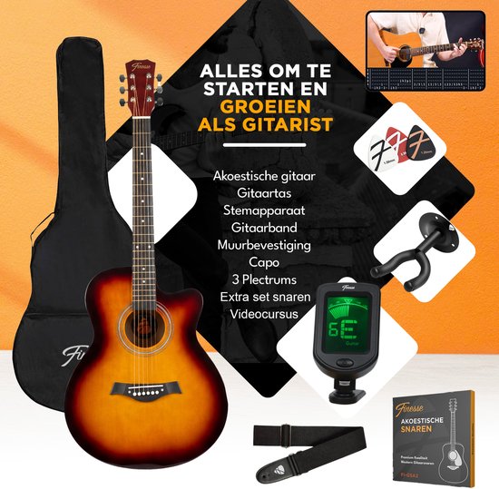 Finesse Akoestische Gitaar - met Videocursus - 4/4 40" - Western Gitaar - Gitaar Kind & Volwassenen - Sunburst
