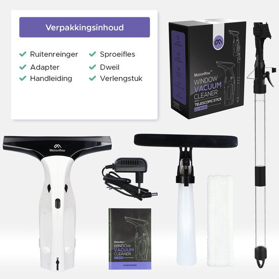 Motionflow Vacuüm Raamwisser met verlengstuk 61cm - Raamtrekker met Telescoopsteel - Elektrische ruitenreiniger met inwasser - Ramenwasser Oplaadbaar - Raamzuiger Wit / Zwart