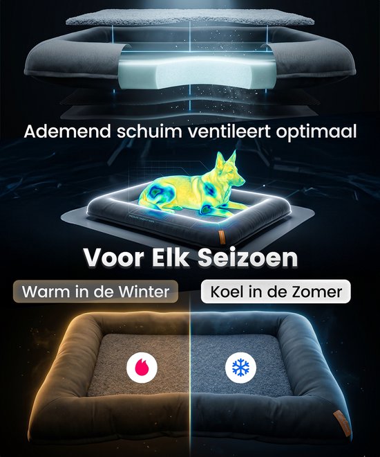 Happysnoots® Orthopedisch Hondenkussen - XL Hondenmand 85 x 70 cm - Wasbaar Hondenbed - Grijs Benchkussen met Rits