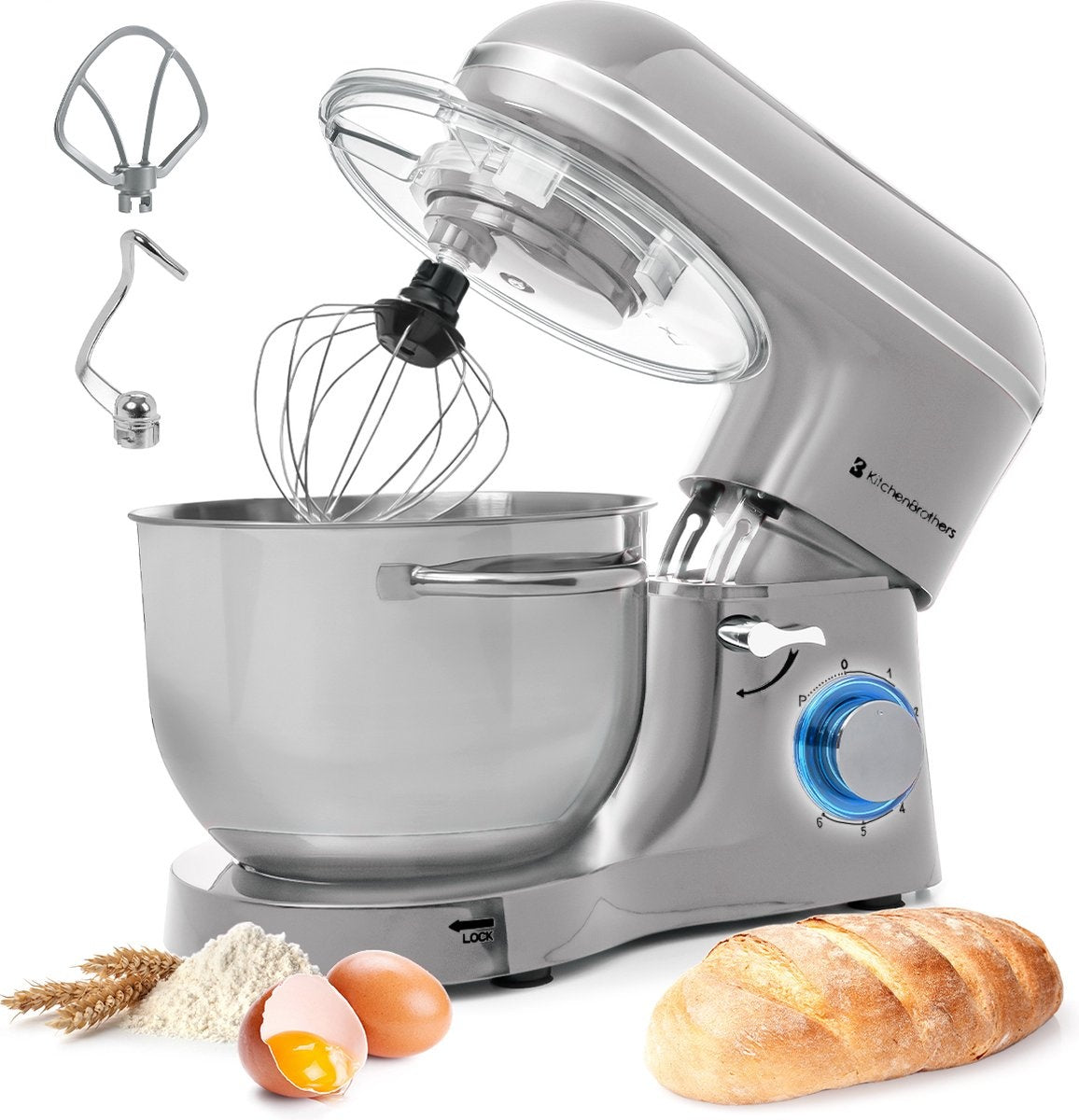 KitchenBrothers Keukenmachine & Mixer – 2000W – 6 Snelheden + Pulse – 6,2L RVS Mengkom – 38,7 x 23,8 x 31,4 cm – Zilver