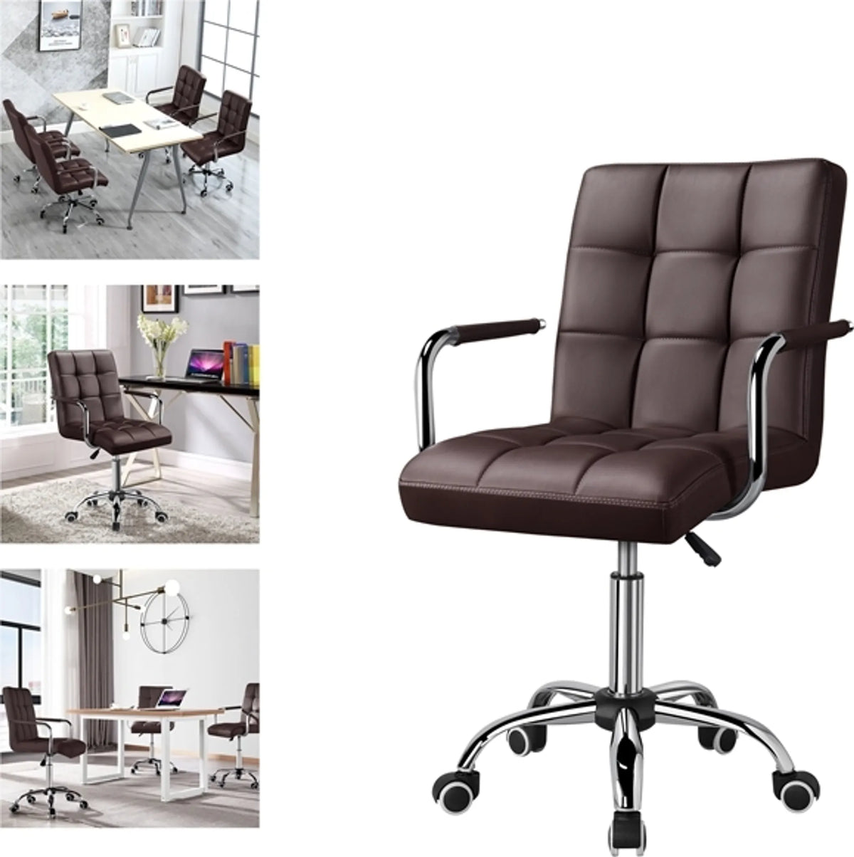 Yaheetech Bureaustoel Met Verstelbare Zithoogte – 55 x 60,5 x 86,5-102 cm – Voorzien Van Comfortabele Schuimvulling En Geluidsdempende Wielen En Gegalvaniseerd Metalen Frame – Voor Kantoor En Thuiswerkplek – Bruin Kunstleer En Metaal