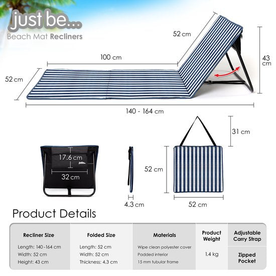 Opvouwbare strandmat - ligstoel - verstelbare rugleuning - makkelijk draagbaar - lichtgewicht - opbergvak met rits (blauw/wit gestreept verticaal)