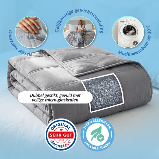 Ella Verzwaringsdeken 9 kg - OEKO-TEX Katoen Zwaartedeken 135 x 200cm - Weighted Blanket - Verzwaarde Deken - Grijs