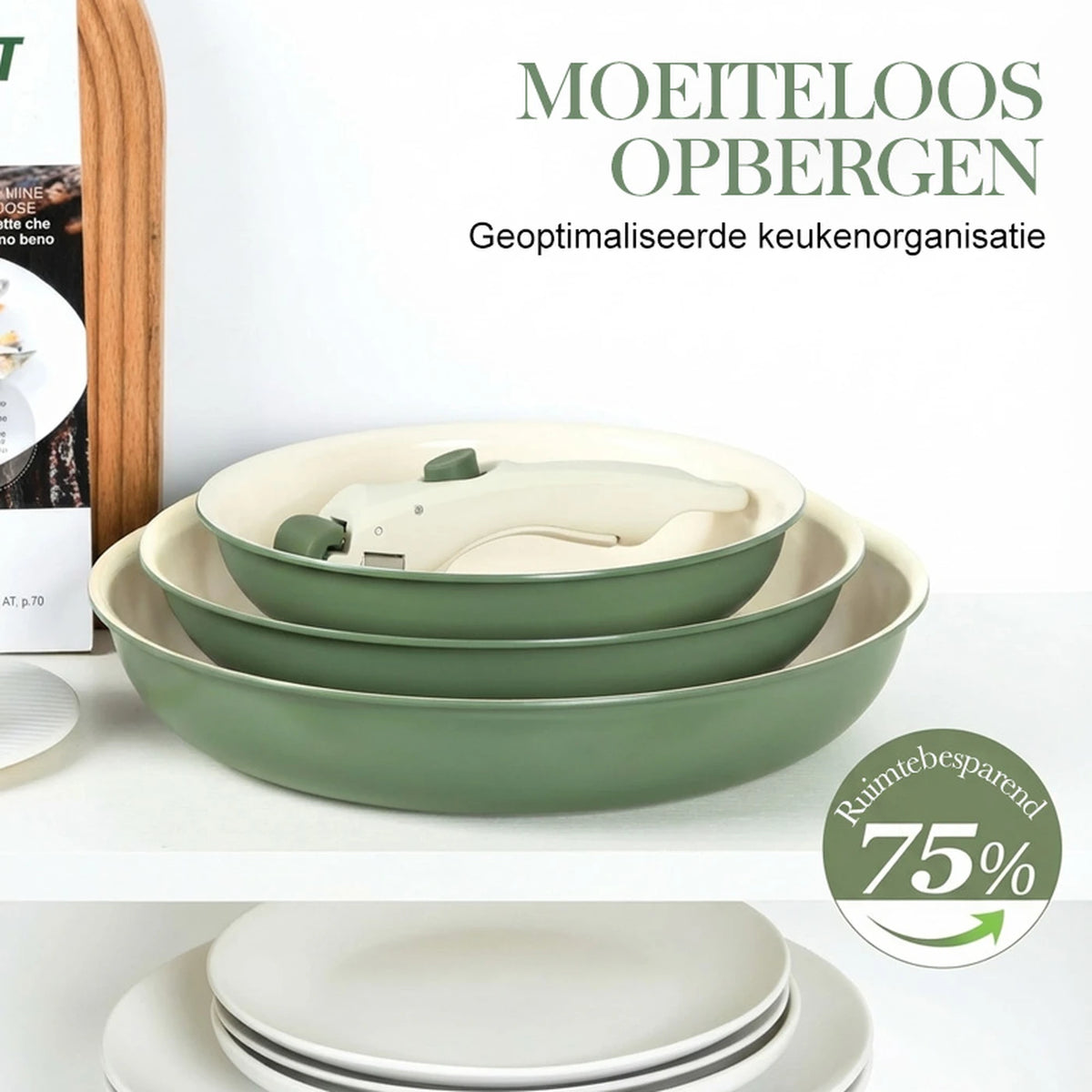 Michelangelo Koekenpannenset 4-delig - Keramische Antiaanbaklaag - Afneembare Handgreep - Inductie - Groen