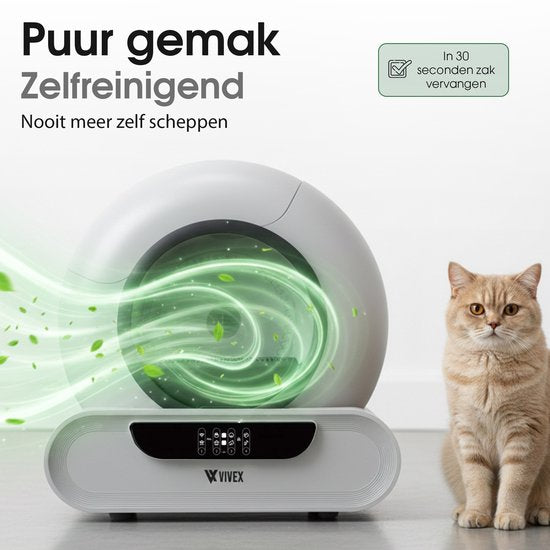 Vivex® Automatische Kattenbak – Zelfreinigende Kattenbak Inclusief App – 75L - incl Matje en 5 Rollen opvangzakjes - XXL