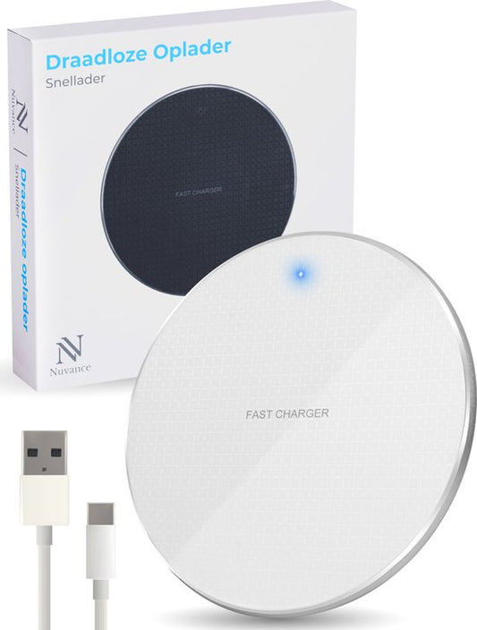 Nuvance - Draadloze Oplader 10W - Inclusief Kabel - Wireless Charger - Fast Charger - Geschikt voor alle Qi-Smartphones - Wit en Zilver