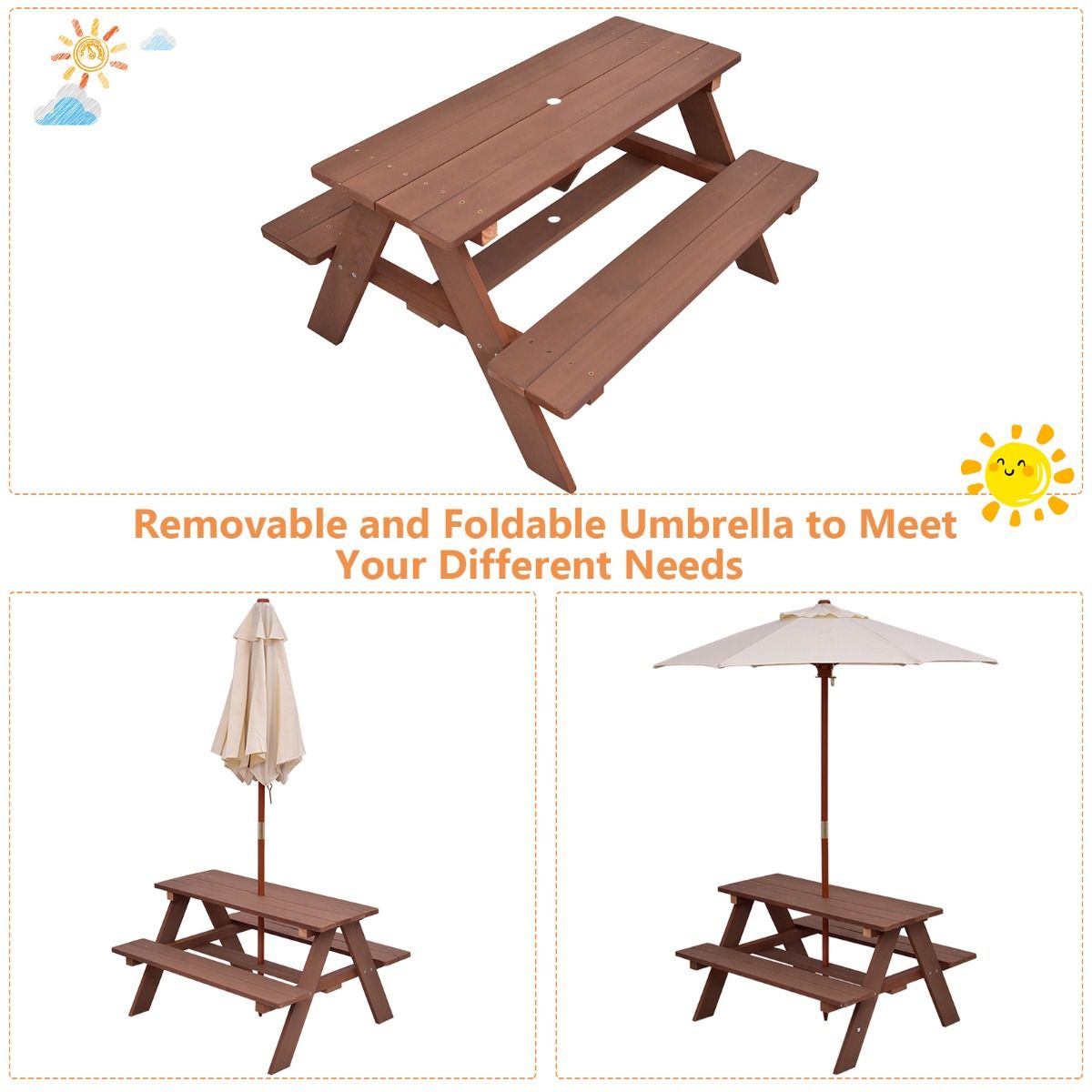 Coast Kinderpicknicktafel - 3-in-1 buitentafel met afneembare paraplu - houten banken - walnootkleur