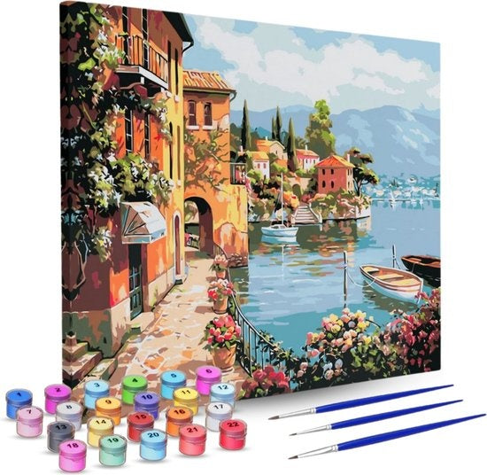 Rubye® Schilderen Op Nummer Volwassenen – Italiaanse Kust – Inclusief Verf en Penselen – Canvas Schildersdoek – Kleuren op Nummer – 40x50cm