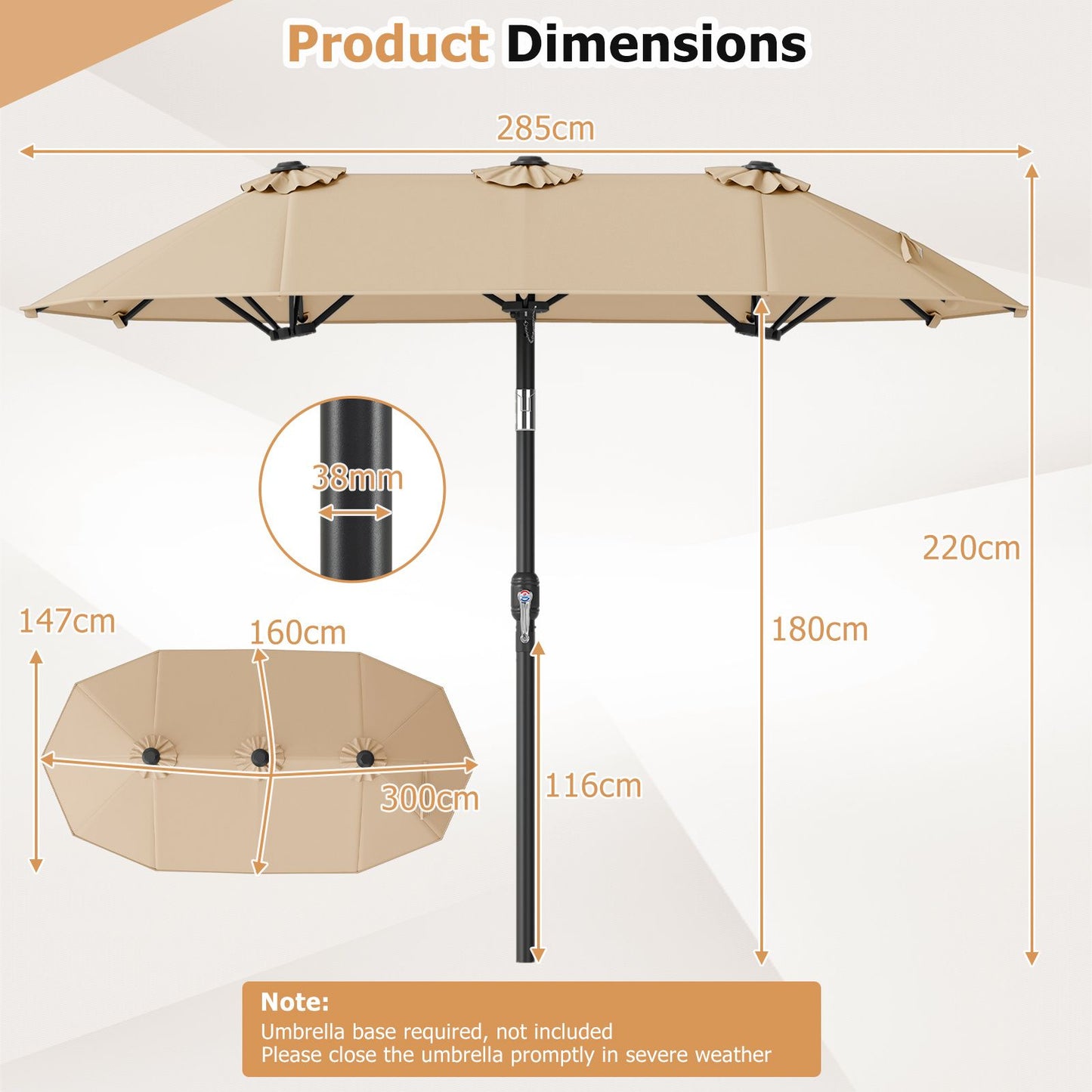 Coast Dubbele Parasol 300 x 160 cm - Rechthoekig - Kantelbaar - Beige