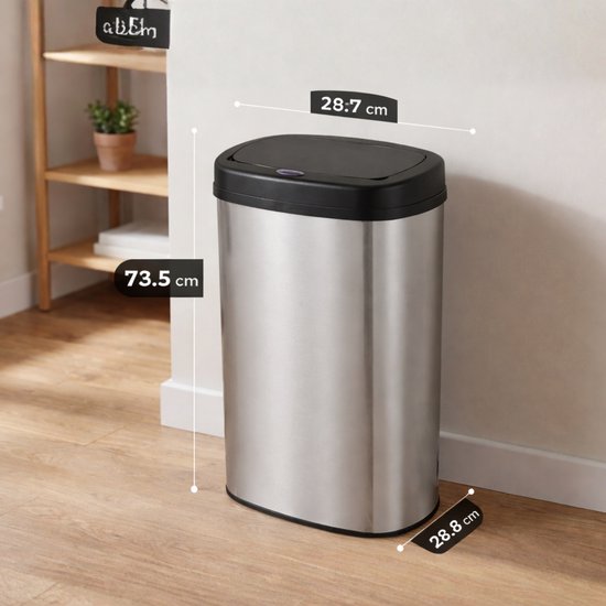 Bayt Prullenbak - Prullenbak 60 Liter - Prullenbak met Sensor - Vuilnisbak - Afvalbak - Metaal - Zilver