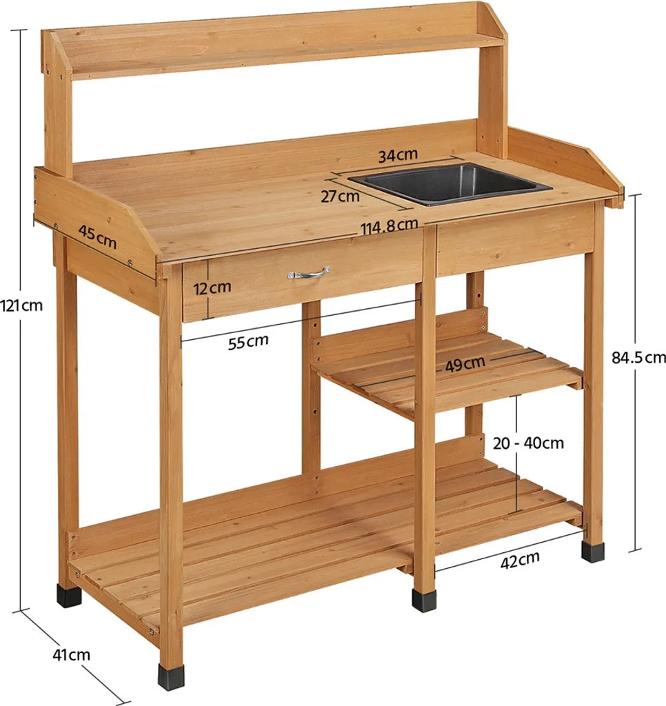 Yaheetech Planttafel - Met Wasbak - Verstelbare Plank - Tuinwerktafel - Houten Oppottafel - Weerbestendig