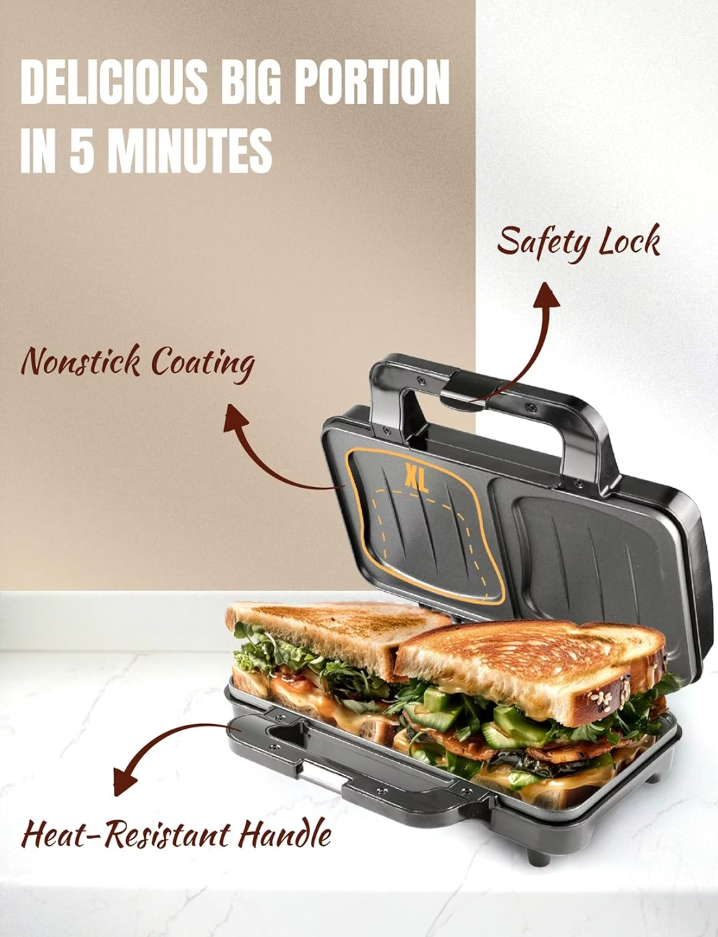 Bestron XL Tosti-apparaat ASM92XLSS  - 900W - 26x31x12cm - Beige