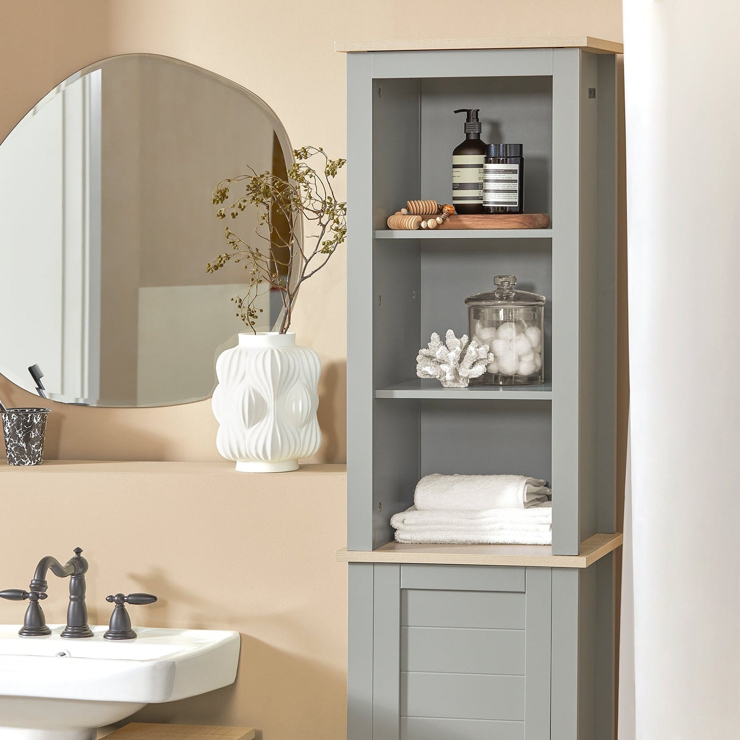 SoBuy Badkamer Kolomkast - 1 Deurs - 3 Planken - 39 x 30 x 169 cm - Grijs