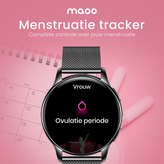 Maoo Ventura AMOLED Smartwatch Dames – RVS & 4x Siliconen Bandjes – Stappenteller, Hartslagmeter, Slaapmonitor, Multisport, Notificaties, Bellen, GPS, Android & iOS – Zwart