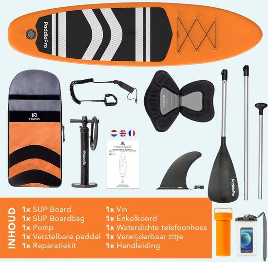 LifeGoods SUP Board - met Zitje - Opblaasbaar Paddle Board - Complete Set - Max. 135KG - 320x81cm - Oranje