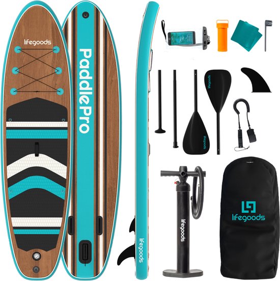 LifeGoods PaddlePro SUP Board - Opblaasbaar Paddle Board - Complete Set - Max. 150KG - 320x81cm - Hout/Blauw