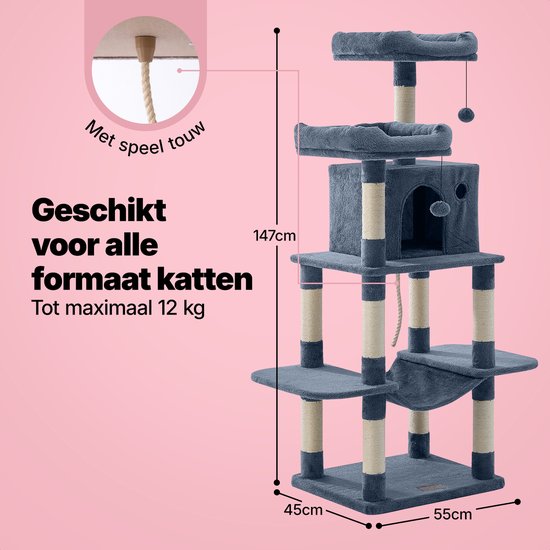 Jake en Jacky Krabpaal voor Katten - Kattenkrabpaal - Krabmeubel - Kattenboom - Krabpalen - Kattenhuis - Donkergrijs - 147 cm Hoog