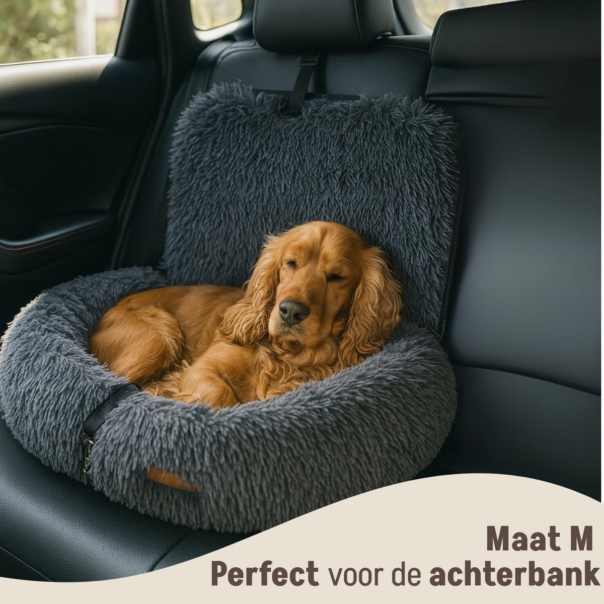 By Cee Cee – Autostoel Hond Deluxe – Maat M – Voorzien Van Veiligheidslijn En Foam Flakes Vulling En Afritsbare Hoes – Voor Achterbank – Donkergrijs Polyester
