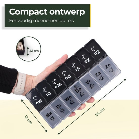 Gandria Pillendoos 7 Dagen - Pillendoosje - Pillesdoosjes met 14 Compartimenten - Medicijndoos met Stevige Sluiting - Grote vakken - Zwart