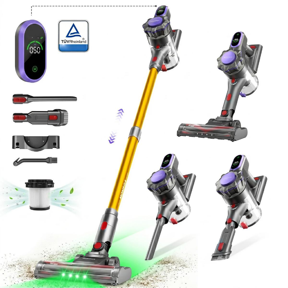 Monsga ME03 Draadloze Steelstofzuiger - 550 W - 55 kPa - 55 Min Looptijd - 1,2 kg - Anti-Klit Borstel - Afneembare Accu - Groen Detectielicht