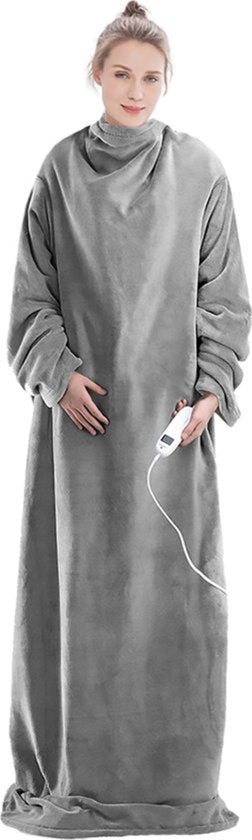 Goliving - Elektrische deken met mouwen - Fleece - Knuffeldeken groot - Wasbaar - met 9 standen en timer - 195x125cm - Grijs