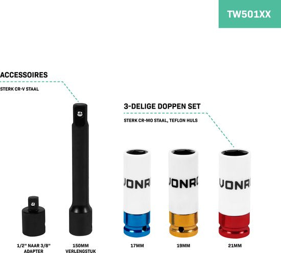 VONROC momentsleutel ½” – 470mm – 28-210Nm – Incl. 3-delige doppenset, verlengstuk en verloopstuk/adapter