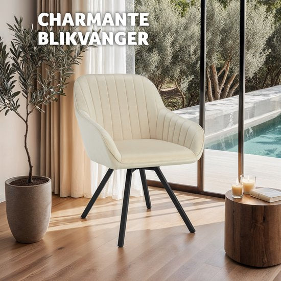 tectake Eetkamerstoel – Draaibaar met Armleuningen & Fluwelen Bekleding – 58 x 58 x 82 cm – Crème