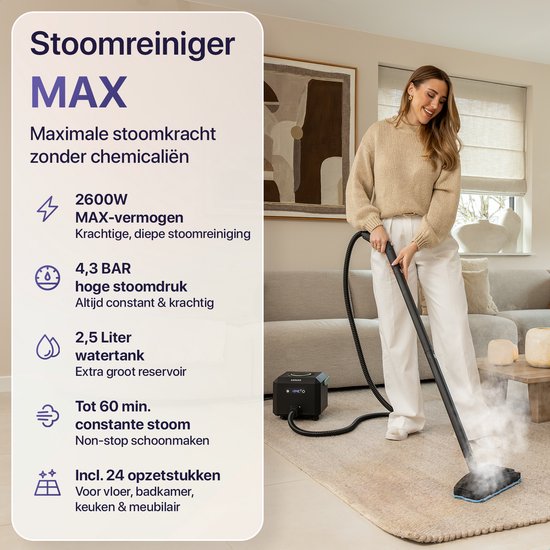 LUMAN Stoomreiniger MAX – 2600W - 60 min Stoomtijd - 2.5L Watertank – Handstoomreiniger & Tapijtreiniger - Zwart
