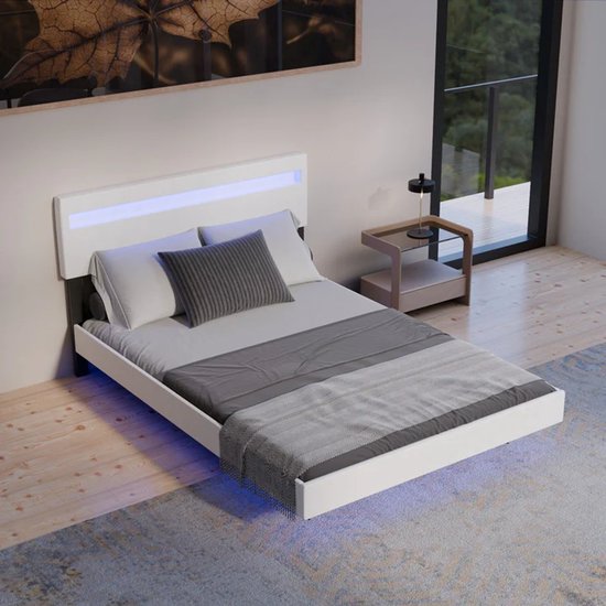 Zwevend Bed Lissabon - 140x200cm - Kunstleer - Incl. LED - Wit