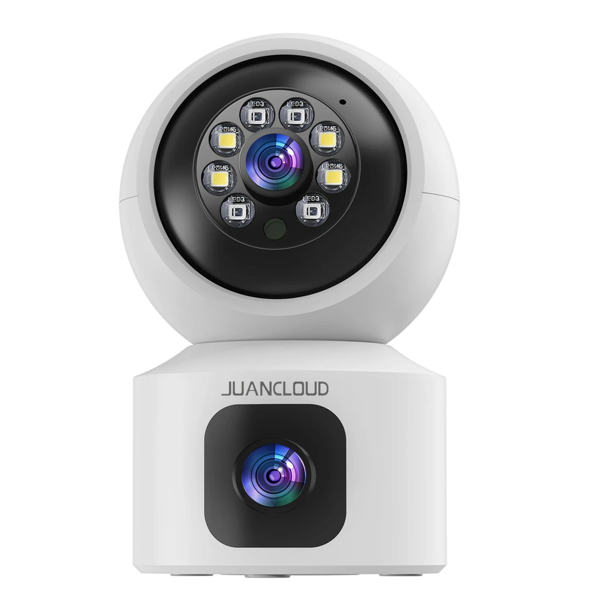 Juancloud Beveiligingscamera voor Binnen met Dubbele Lens - 2K Ultra HD met Nachtzicht - Tweewegaudio en AI-bewegingsdetectie - Wit