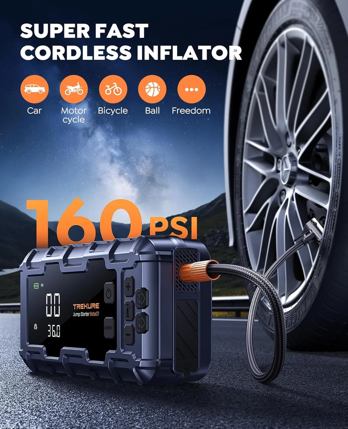 TREKURE Beta07 Startapparaat 6000A - 12V - met Luchtcompressor 160PSI, 45W PD