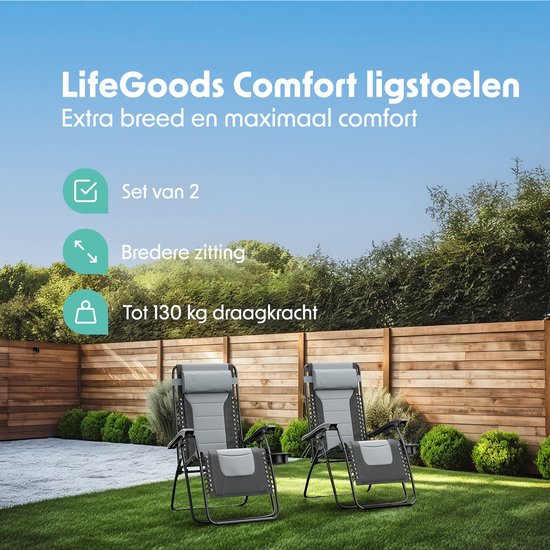 LifeGoods Ligstoelen Comfort - Opvouwbaar - 30°-90° Verstelbaar - Beker en Telefoonhouder - Tuinstoelen - Zwart/Grijs