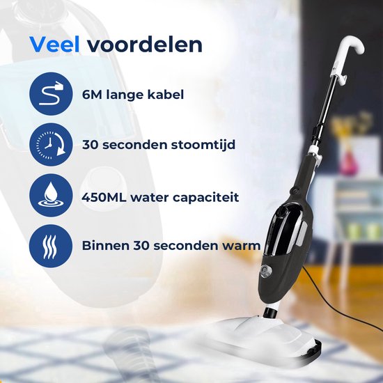 Stoomreiniger 2 in 1 - Handstomer - Vlekkenreiniger - Met 8 Opzetstukken en 2 Microvezeldoeken - Bank, Vloer, Badkamer en Tapijt Reinigen - Zwart