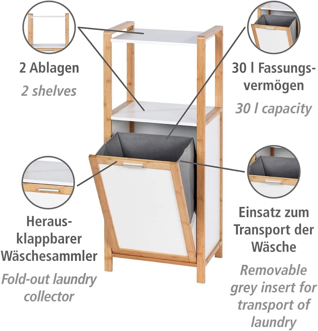 Wenko Finja Wasmand met Rek – Bamboe/Wit – 40 x 95 x 30 cm