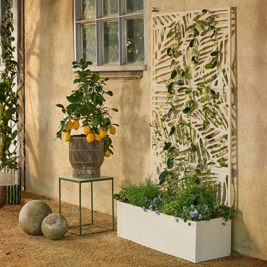 Mica Decorations Sapri Plantensteun - Plantenbak met Klimrek voor Klimplanten - Plantenstandaard Vrijstaand of tegen Muur - 92 x 33 x 174 cm - Off White