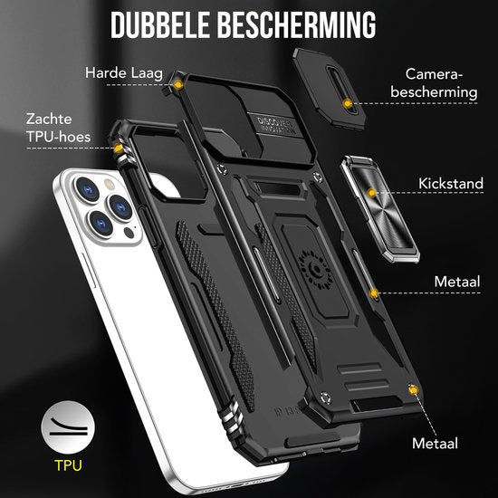 Podec Hoesje geschikt voor iPhone 12 Pro Zwart Telefoonhoesje - Anti-Shock Case Cover Hybrid Armor Hoes met Kickstand Ring met Screenprotector